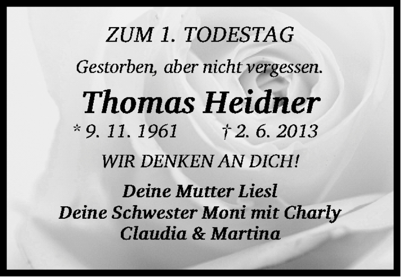 Traueranzeige für Thomas Heidner vom 02.06.2014 aus Gesamtausgabe Nürnberger Nachrichten/ Nürnberger Ztg.