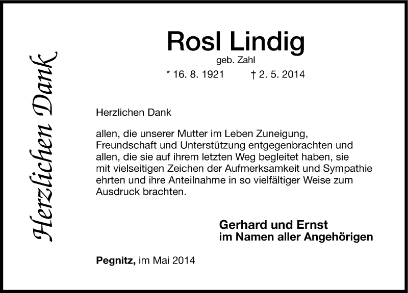  Traueranzeige für Rosl Lindig vom 24.05.2014 aus Nordbayerische Nachrichten Pegnitz Lokal