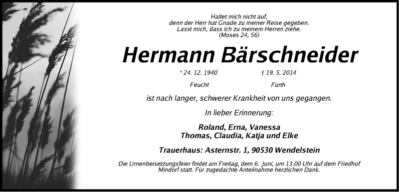  Traueranzeige für Hermann Bärschneider vom 26.05.2014 aus Gesamtausgabe Nürnberger Nachrichten/ Nürnberger Ztg.