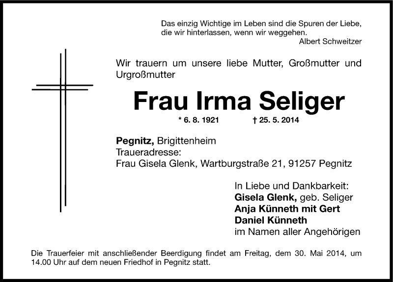  Traueranzeige für Irma Seliger vom 27.05.2014 aus Nordbayerische Nachrichten Pegnitz Lokal