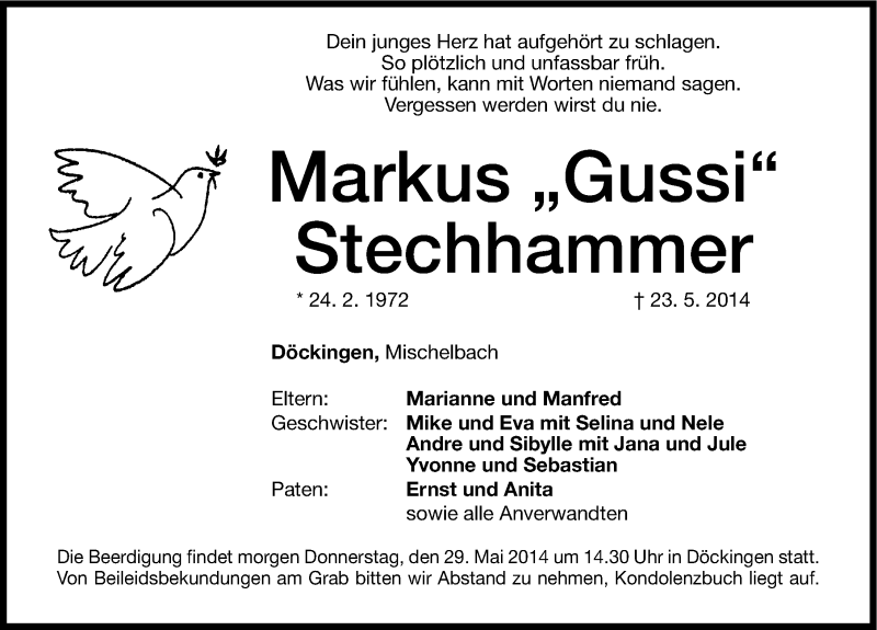 Traueranzeige für Markus Stechhammer vom 28.05.2014 aus Altmühl-Bote Lokal