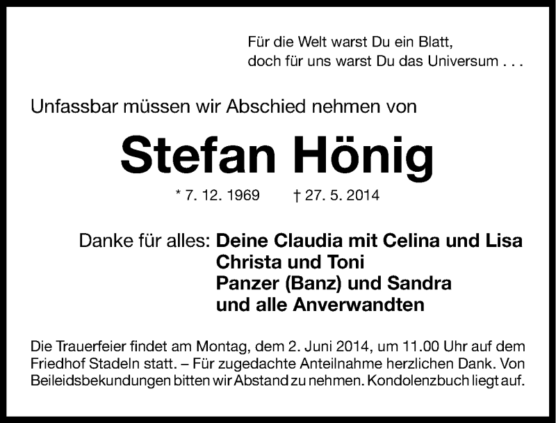  Traueranzeige für Stefan Hönig vom 31.05.2014 aus Gesamtausgabe Nürnberger Nachrichten/ Nürnberger Ztg.