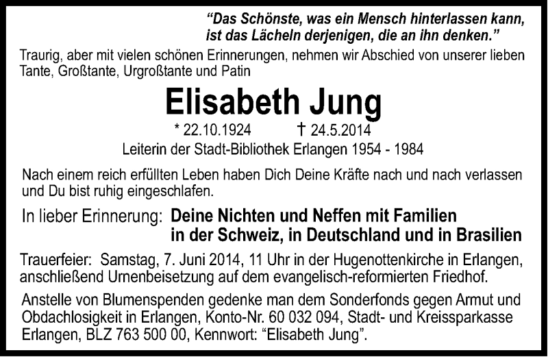  Traueranzeige für Elisabeth Jung vom 31.05.2014 aus Erlanger Nachrichten Lokal