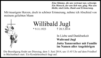 Traueranzeige von Willibald Jugl von Erlanger Nachrichten Lokal