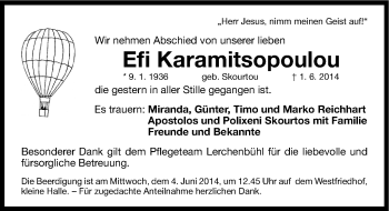 Traueranzeige von Efi Karamitsopoulou von Gesamtausgabe Nürnberger Nachrichten/ Nürnberger Ztg.