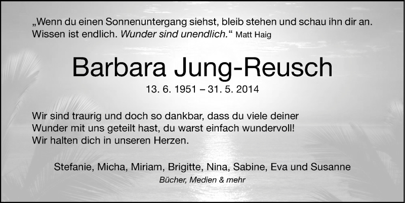  Traueranzeige für Barbara Jung-Reusch vom 07.06.2014 aus Nordbayerische Nachrichten Herzogenaurach Lokal