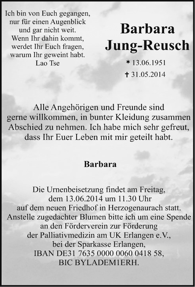  Traueranzeige für Barbara Jung-Reusch vom 07.06.2014 aus Nordbayerische Nachrichten Herzogenaurach Lokal