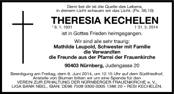 Traueranzeige von Theresia Kechelen von Gesamtausgabe Nürnberger Nachrichten/ Nürnberger Ztg.