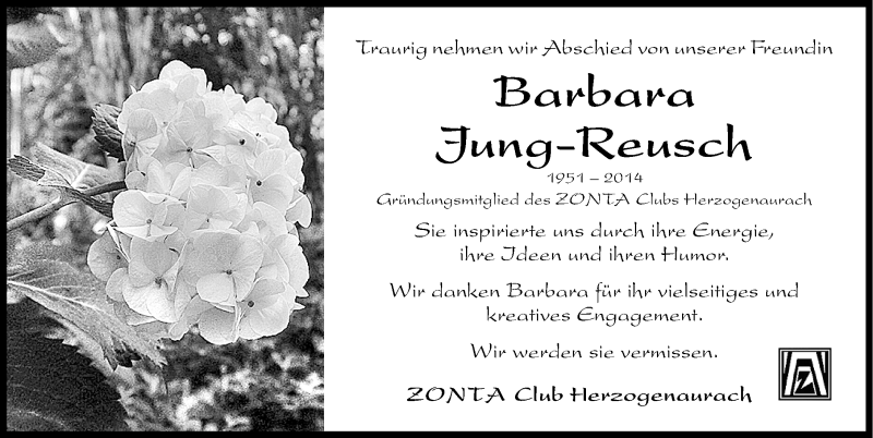  Traueranzeige für Barbara Jung-Reusch vom 07.06.2014 aus Nordbayerische Nachrichten Herzogenaurach Lokal