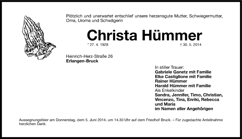  Traueranzeige für Christa Hümmer vom 04.06.2014 aus Erlanger Nachrichten Lokal