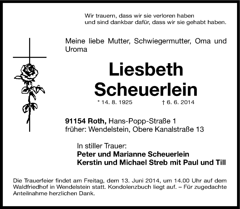  Traueranzeige für Liesbeth Scheuerlein vom 11.06.2014 aus Gesamtausgabe Nürnberger Nachrichten/ Nürnberger Ztg.