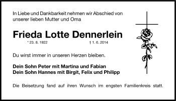 Traueranzeige von Frieda Lotte Dennerlein von Gesamtausgabe Nürnberger Nachrichten/ Nürnberger Ztg.