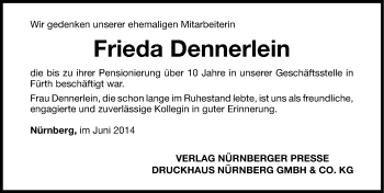Traueranzeige von Frieda Lotte Dennerlein von Gesamtausgabe Nürnberger Nachrichten/ Nürnberger Ztg.