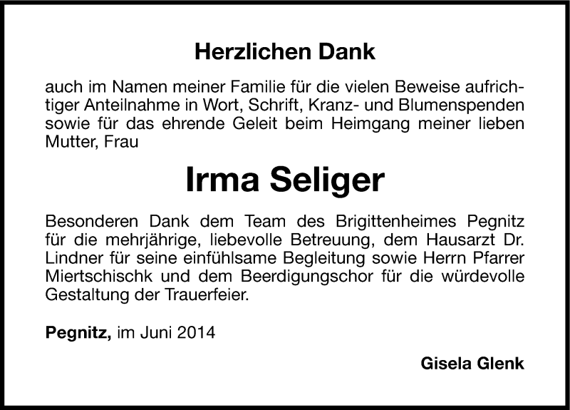  Traueranzeige für Irma Seliger vom 07.06.2014 aus Nordbayerische Nachrichten Pegnitz Lokal