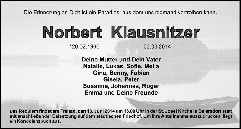  Traueranzeige für Norbert Klausnitzer vom 07.06.2014 aus Erlanger Nachrichten Lokal