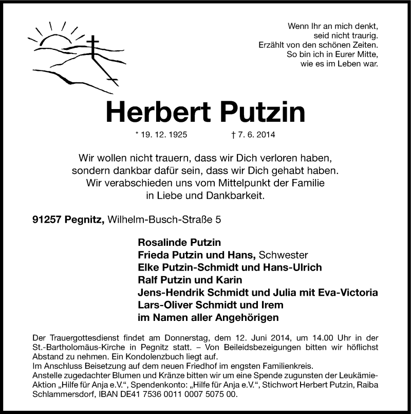  Traueranzeige für Herbert Putzin vom 10.06.2014 aus Gesamtausgabe Nürnberger Nachrichten/ Nürnberger Ztg.