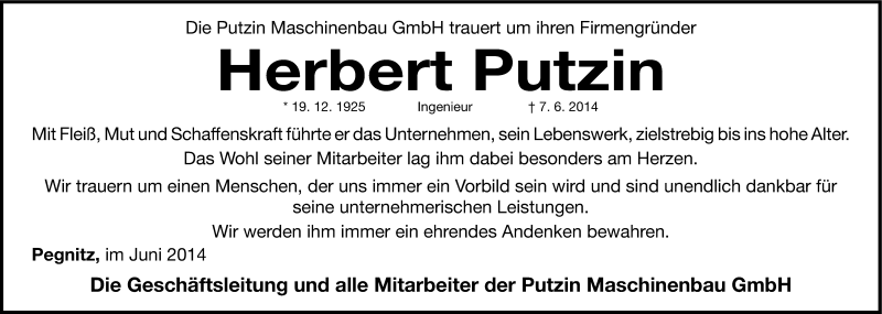  Traueranzeige für Herbert Putzin vom 10.06.2014 aus Nordbayerische Nachrichten Pegnitz Lokal