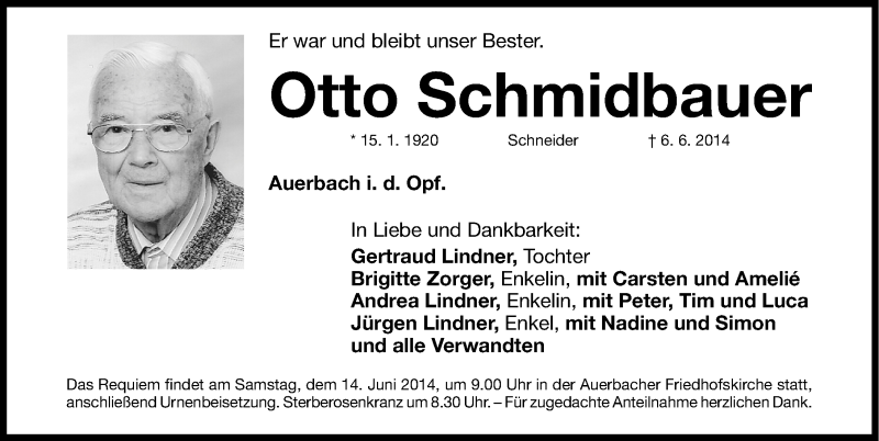  Traueranzeige für Otto Schmidbauer vom 10.06.2014 aus Nordbayerische Nachrichten Pegnitz Lokal