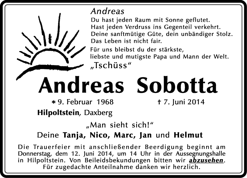  Traueranzeige für Andreas Sobotta vom 11.06.2014 aus Roth-Hilpoltsteiner Volkszeitung Lokal