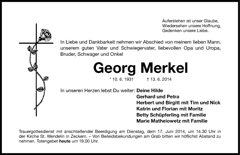  Traueranzeige für Georg Merkel vom 16.06.2014 aus Nordbayerische Nachrichten Herzogenaurach Lokal