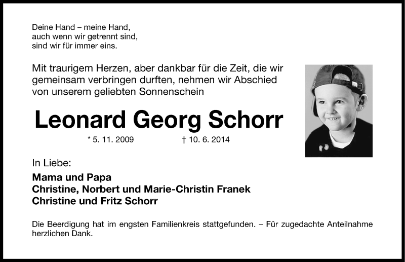  Traueranzeige für Leonard Georg Schorr vom 14.06.2014 aus Gesamtausgabe Nürnberger Nachrichten/ Nürnberger Ztg.