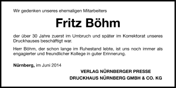 Traueranzeige von Fritz Böhm von Gesamtausgabe Nürnberger Nachrichten/ Nürnberger Ztg.