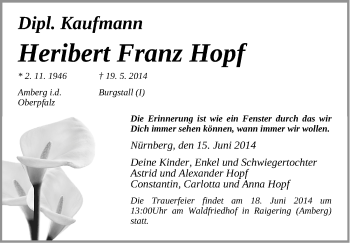 Traueranzeige von Heribert Franz Hopf von Gesamtausgabe Nürnberger Nachrichten/ Nürnberger Ztg.