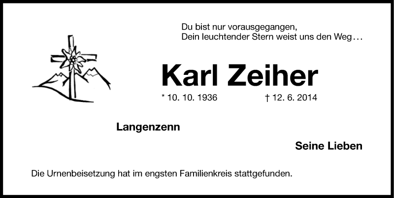  Traueranzeige für Karl Zeiher vom 19.06.2014 aus Fürther Nachrichten Lokal