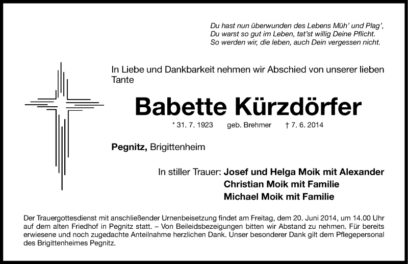  Traueranzeige für Babette Kürzdörfer vom 18.06.2014 aus Nordbayerische Nachrichten Pegnitz Lokal