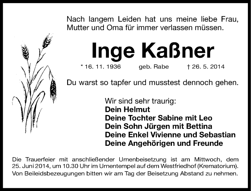  Traueranzeige für Inge Kaßner vom 21.06.2014 aus Gesamtausgabe Nürnberger Nachrichten/ Nürnberger Ztg.
