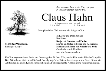 Traueranzeige von Claus Hahn von Gesamtausgabe Nürnberger Nachrichten/ Nürnberger Ztg.