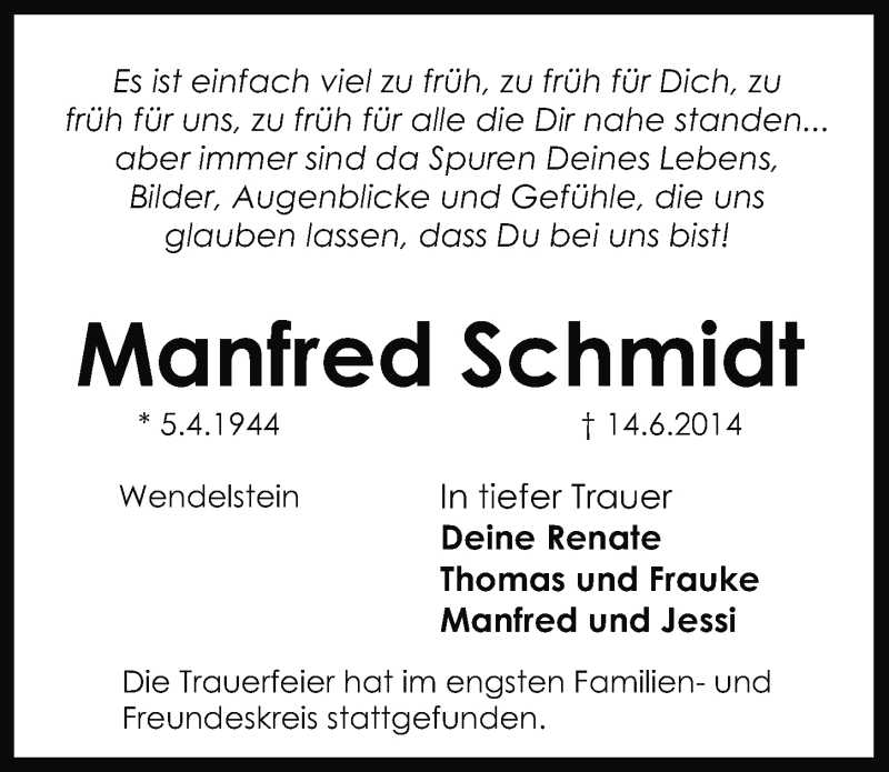  Traueranzeige für Manfred Schmidt vom 21.06.2014 aus Gesamtausgabe Nürnberger Nachrichten/ Nürnberger Ztg.