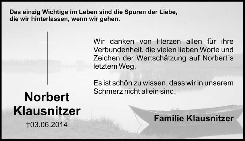  Traueranzeige für Norbert Klausnitzer vom 21.06.2014 aus Erlanger Nachrichten Lokal