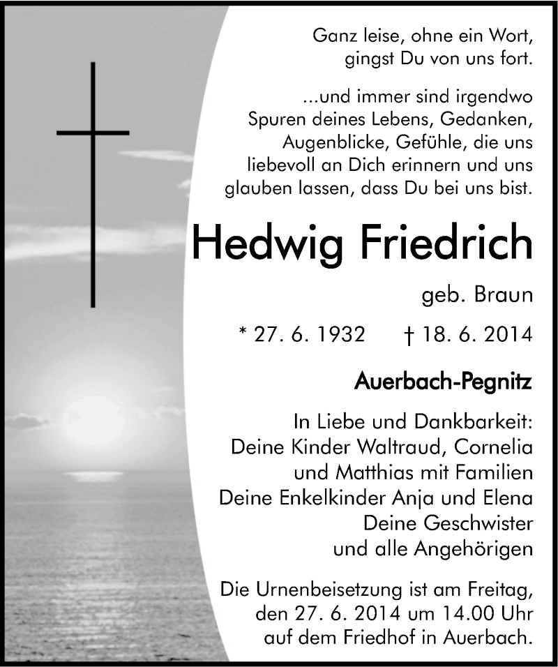  Traueranzeige für Hedwig Friedrich vom 21.06.2014 aus Nordbayerische Nachrichten Pegnitz Lokal