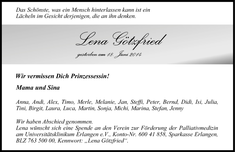  Traueranzeige für Lena Götzfried vom 23.06.2014 aus Erlanger Nachrichten Lokal