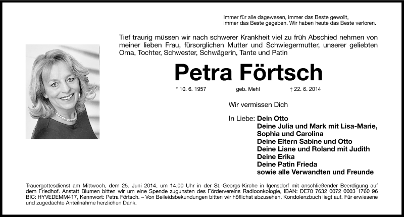  Traueranzeige für Petra Förtsch vom 24.06.2014 aus Gesamtausgabe Nürnberger Nachrichten/ Nürnberger Ztg.