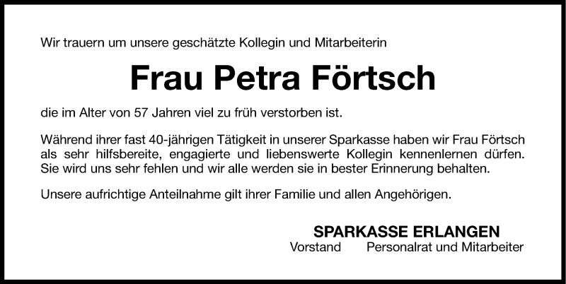  Traueranzeige für Petra Förtsch vom 24.06.2014 aus Erlanger Nachrichten Lokal