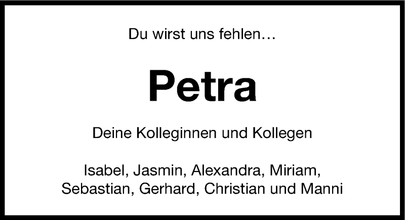  Traueranzeige für Petra Förtsch vom 24.06.2014 aus Erlanger Nachrichten Lokal