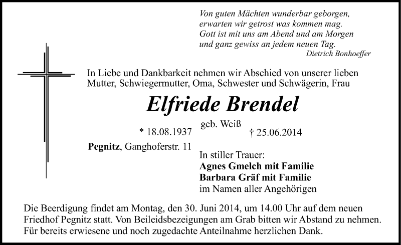  Traueranzeige für Elfriede Brendel vom 27.06.2014 aus Nordbayerische Nachrichten Pegnitz Lokal