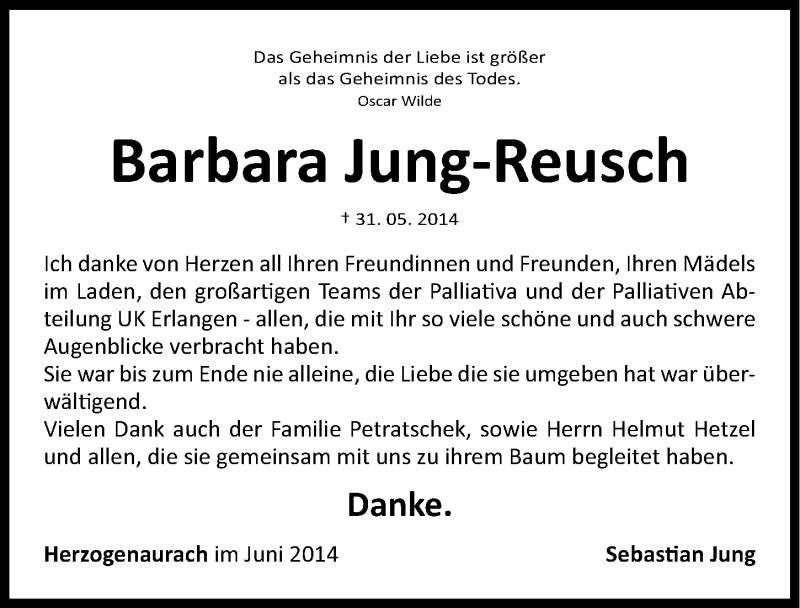 Traueranzeige für Barbara Jung-Reusch vom 27.06.2014 aus Nordbayerische Nachrichten Herzogenaurach Lokal