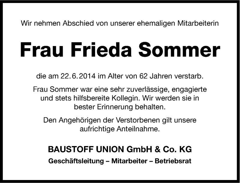  Traueranzeige für Frieda Sommer vom 28.06.2014 aus Fürther Nachrichten Lokal