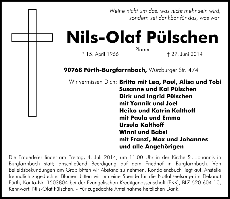  Traueranzeige für Nils-Olaf Pülschen vom 30.06.2014 aus Gesamtausgabe Nürnberger Nachrichten/ Nürnberger Ztg.