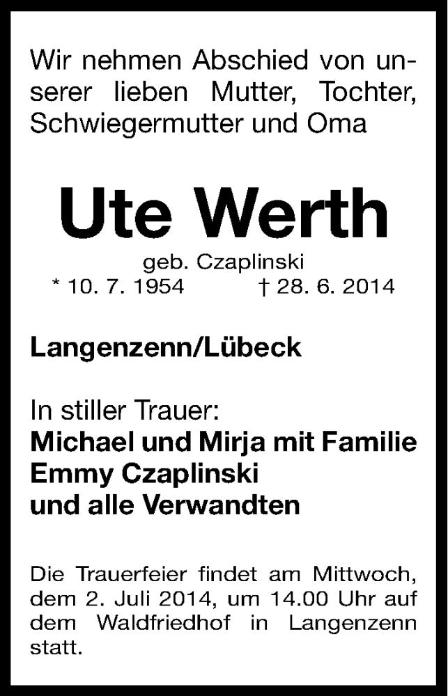  Traueranzeige für Ute Werth vom 01.07.2014 aus Fürther Nachrichten Lokal