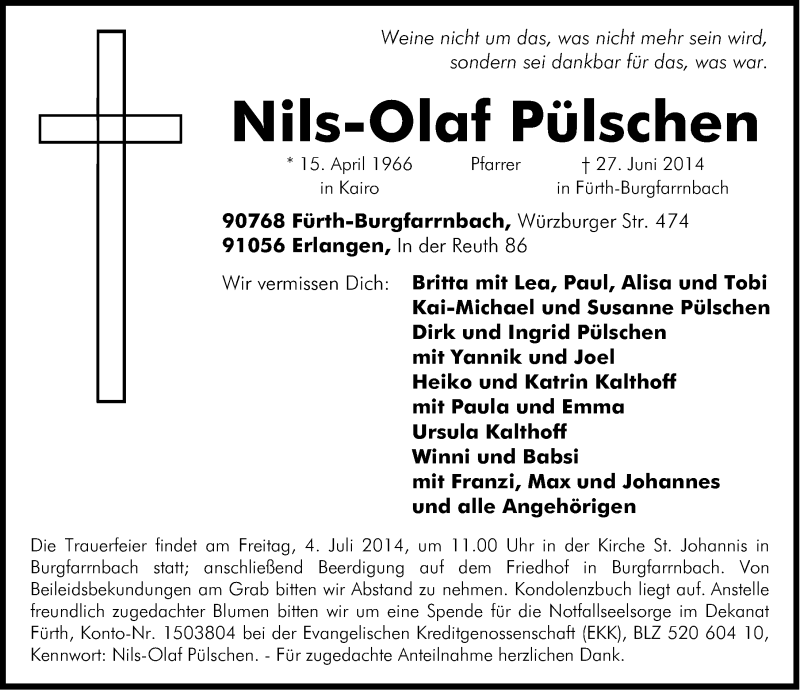  Traueranzeige für Nils-Olaf Pülschen vom 01.07.2014 aus Erlanger Nachrichten Lokal
