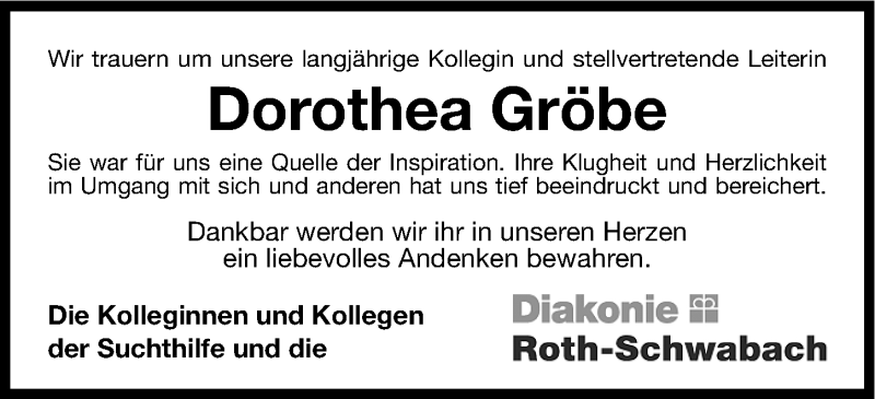  Traueranzeige für Dorothea Gröbe vom 02.07.2014 aus Roth-Hilpoltsteiner Volkszeitung Lokal