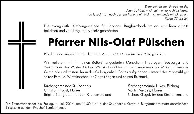  Traueranzeige für Nils-Olaf Pülschen vom 02.07.2014 aus Fürther Nachrichten Lokal