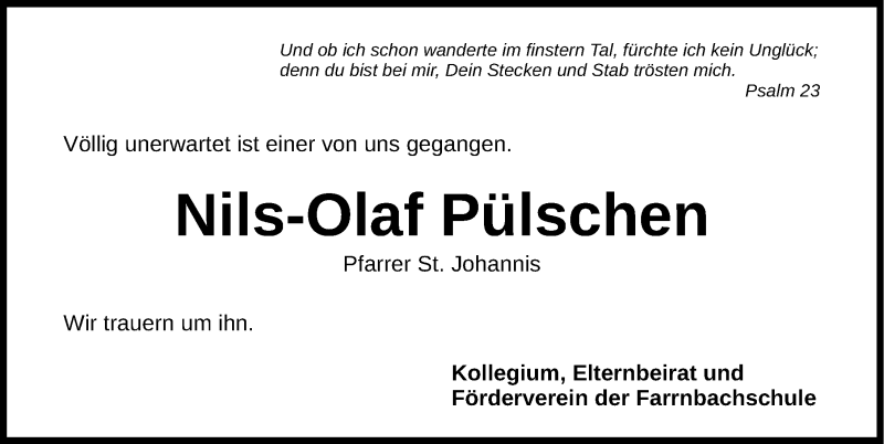  Traueranzeige für Nils-Olaf Pülschen vom 03.07.2014 aus Fürther Nachrichten Lokal