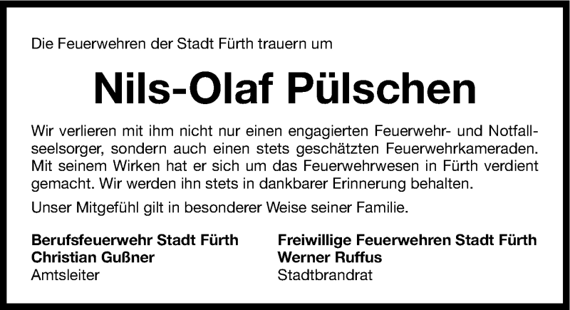  Traueranzeige für Nils-Olaf Pülschen vom 03.07.2014 aus Fürther Nachrichten Lokal