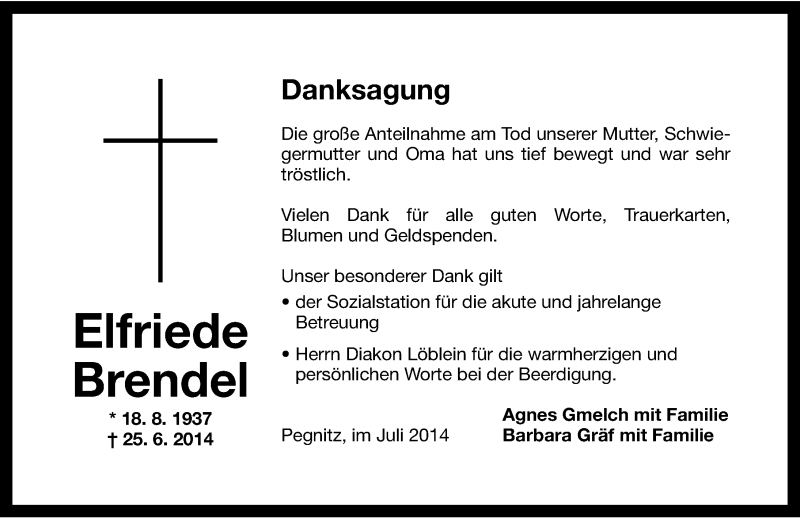  Traueranzeige für Elfriede Brendel vom 05.07.2014 aus Nordbayerische Nachrichten Pegnitz Lokal