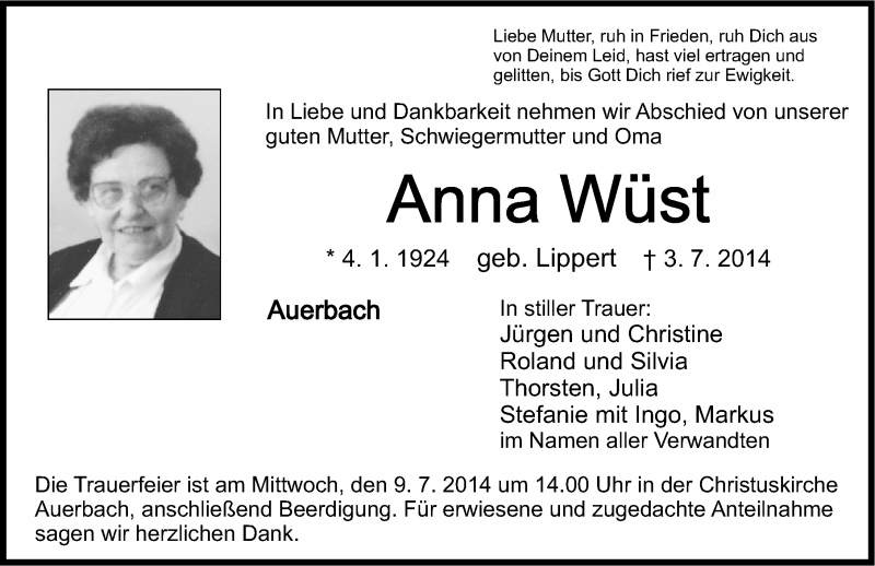  Traueranzeige für Anna Wüst vom 05.07.2014 aus Nordbayerische Nachrichten Pegnitz Lokal